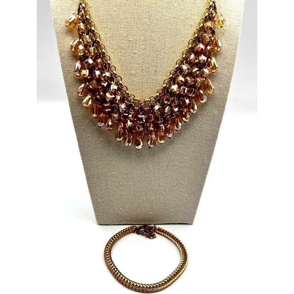 Vintage Gold Chain Necklace & Bracelet Set With Dangling Beads.  A6 - Picture 1 of 12